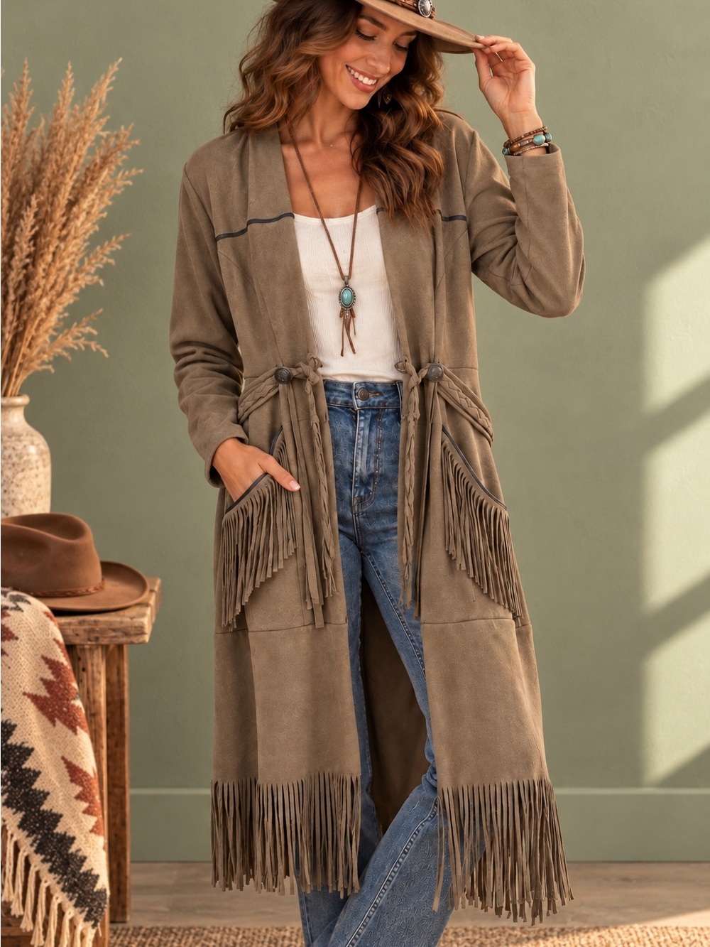 Vocal Western Fringe Duster Jacket Taupe Mushroom Brown Suede Look XL